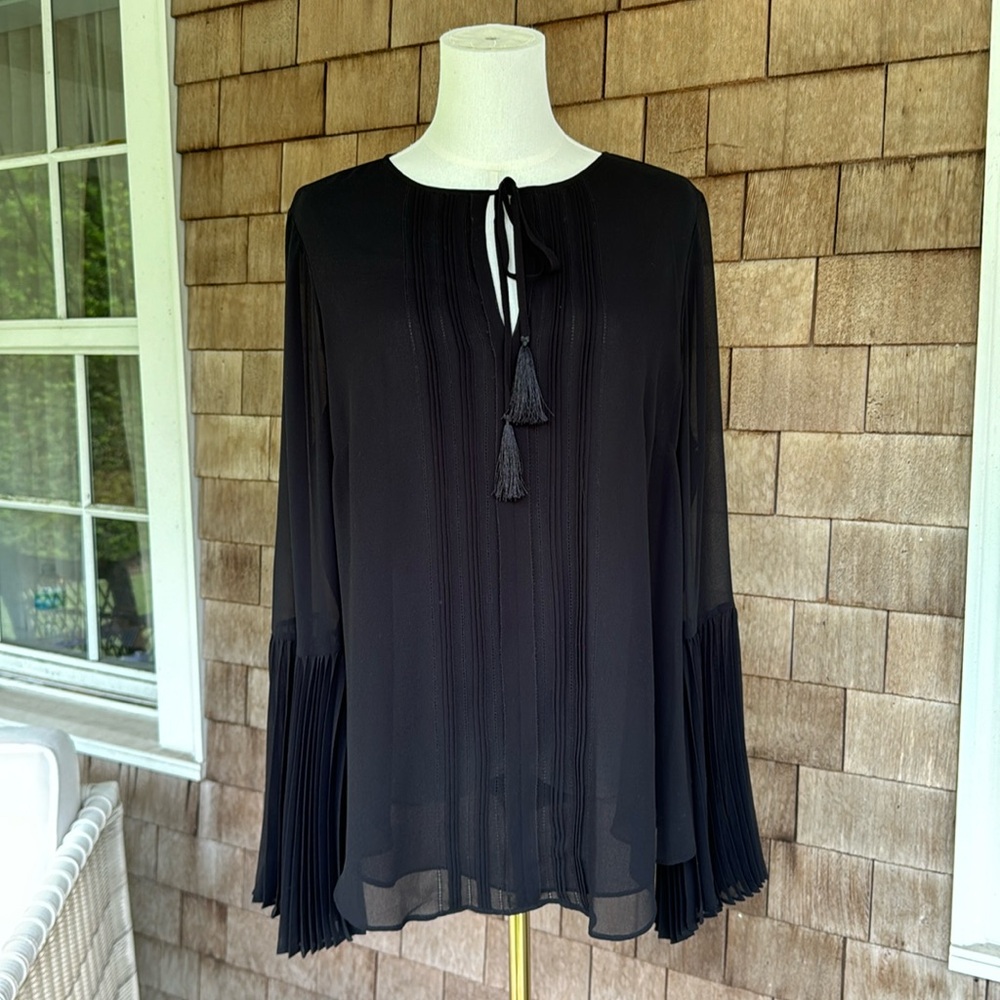 White House Black Market Black Pleated Sleeve Blouse